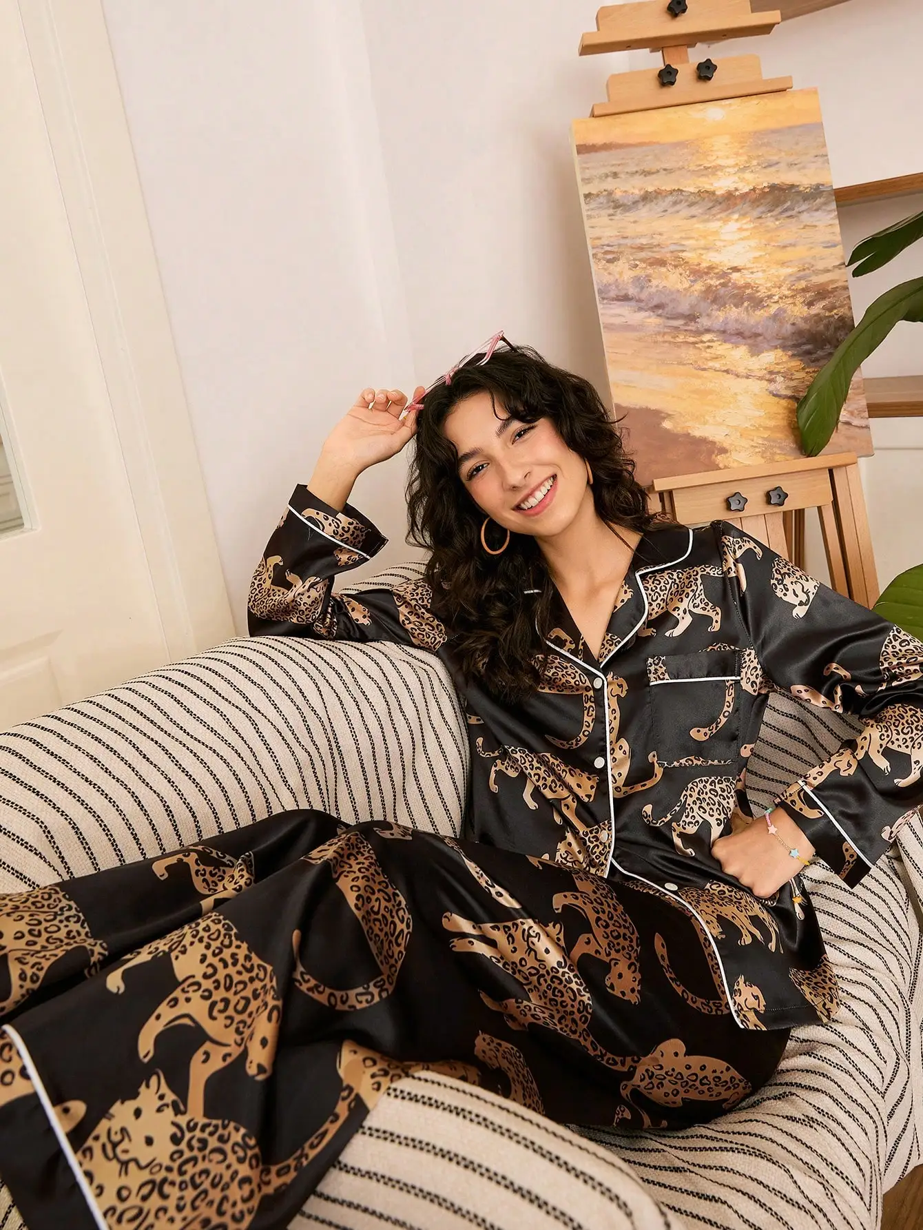 

Black Faux Silk Leopard Print Oversized Pajama Set for Women