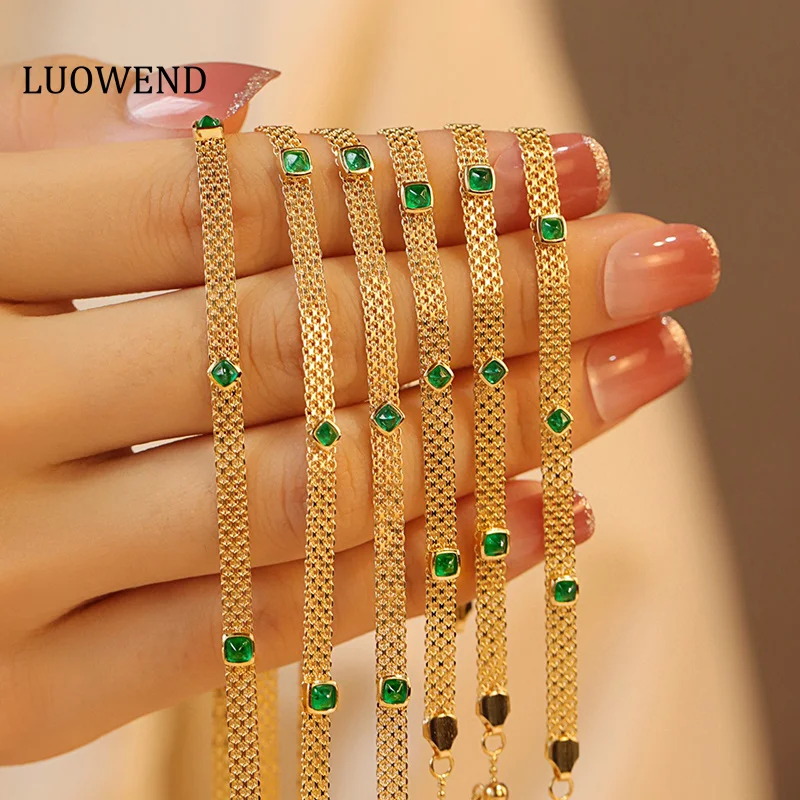 LUOWEND 100% 18K Yellow Gold Bracelet Vintage Cool Style Real Natural Emerald Bracelet&Necklace for Women High Party Jewelry