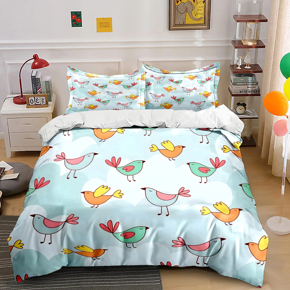 Cartoon birds colorful background Print Bedding Set 1 Duvet Cover 2 Pillowcases for Adult and Children Luxury Gift Full Size