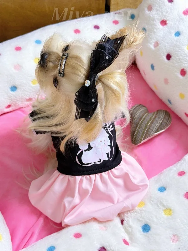 Black Pink Contrast Pet Dress Poodle Graphic Short Sleeve Pleated Dress Fashion Costume for Puppies Kittens Photography Outfit