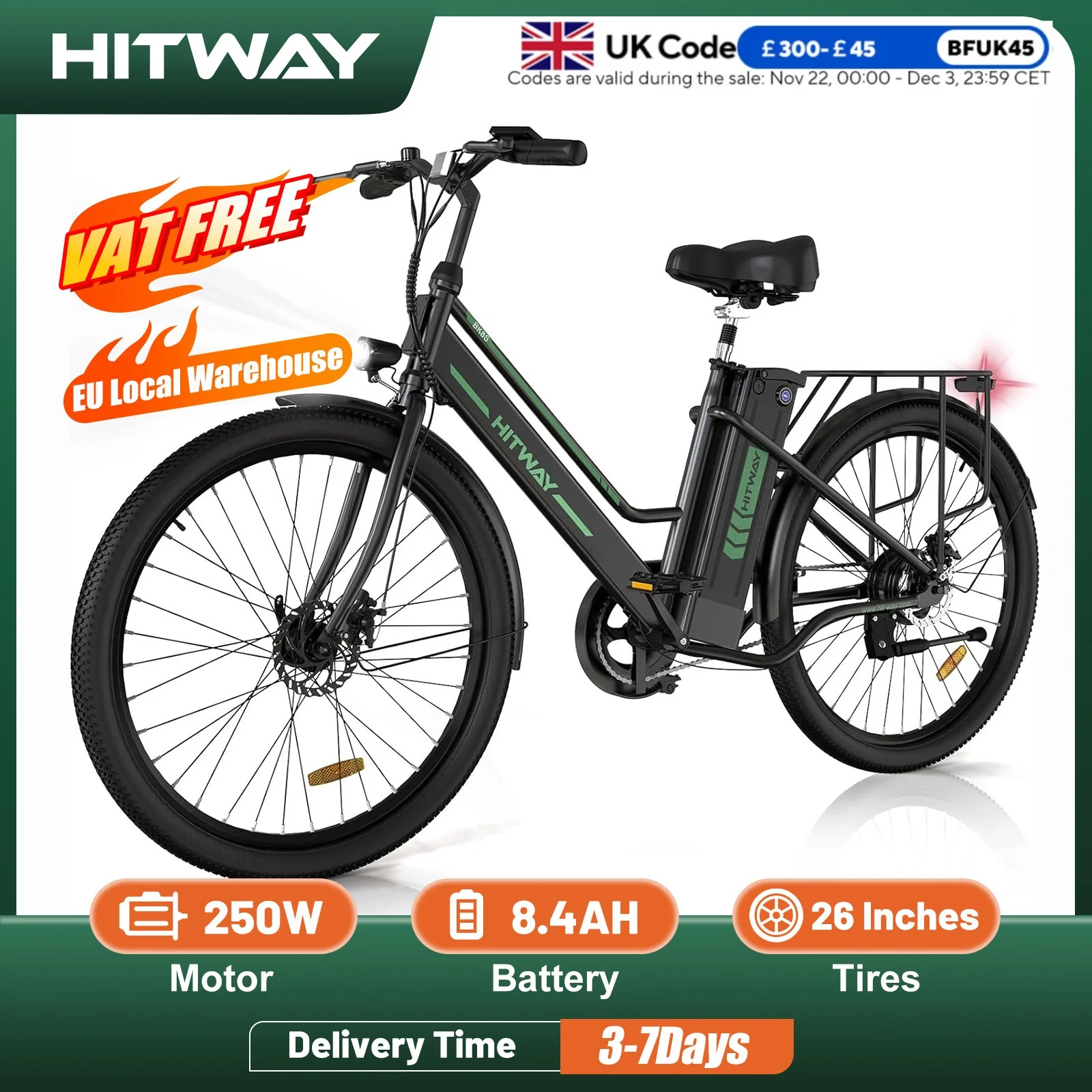 HITWAY Electric Bike, 26 inch E-bike Electric city bike for women and men, with 250W motor, 36V 8.4AH removable lithium battery