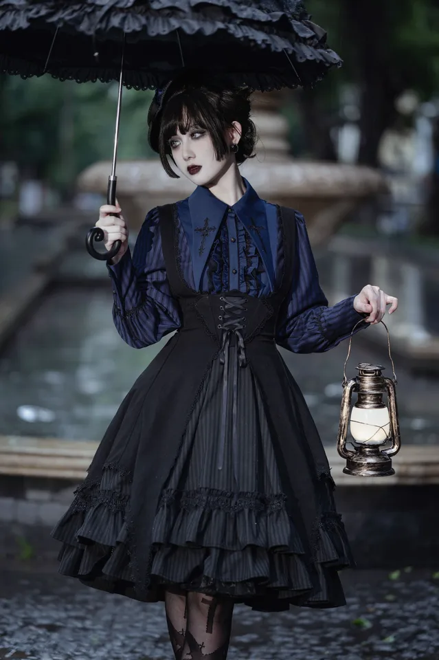 Redemption Song~Gothic Lolita OP Dress Cross Embroidery Tiered Hem