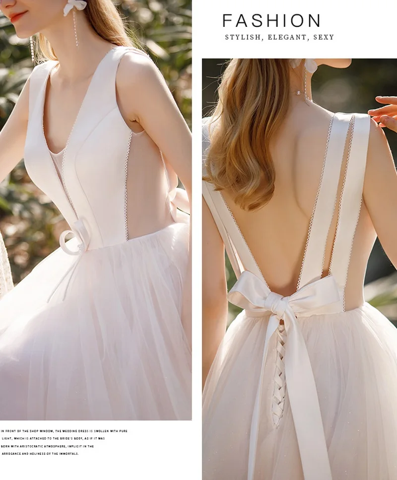 ภาษาฝรั่งเศส Simple Elegant V-Neck Tulle กวาดรถไฟ A-Line Backless Sheer งานแต่งงานชุดเจ้าสาวชุดราตรี