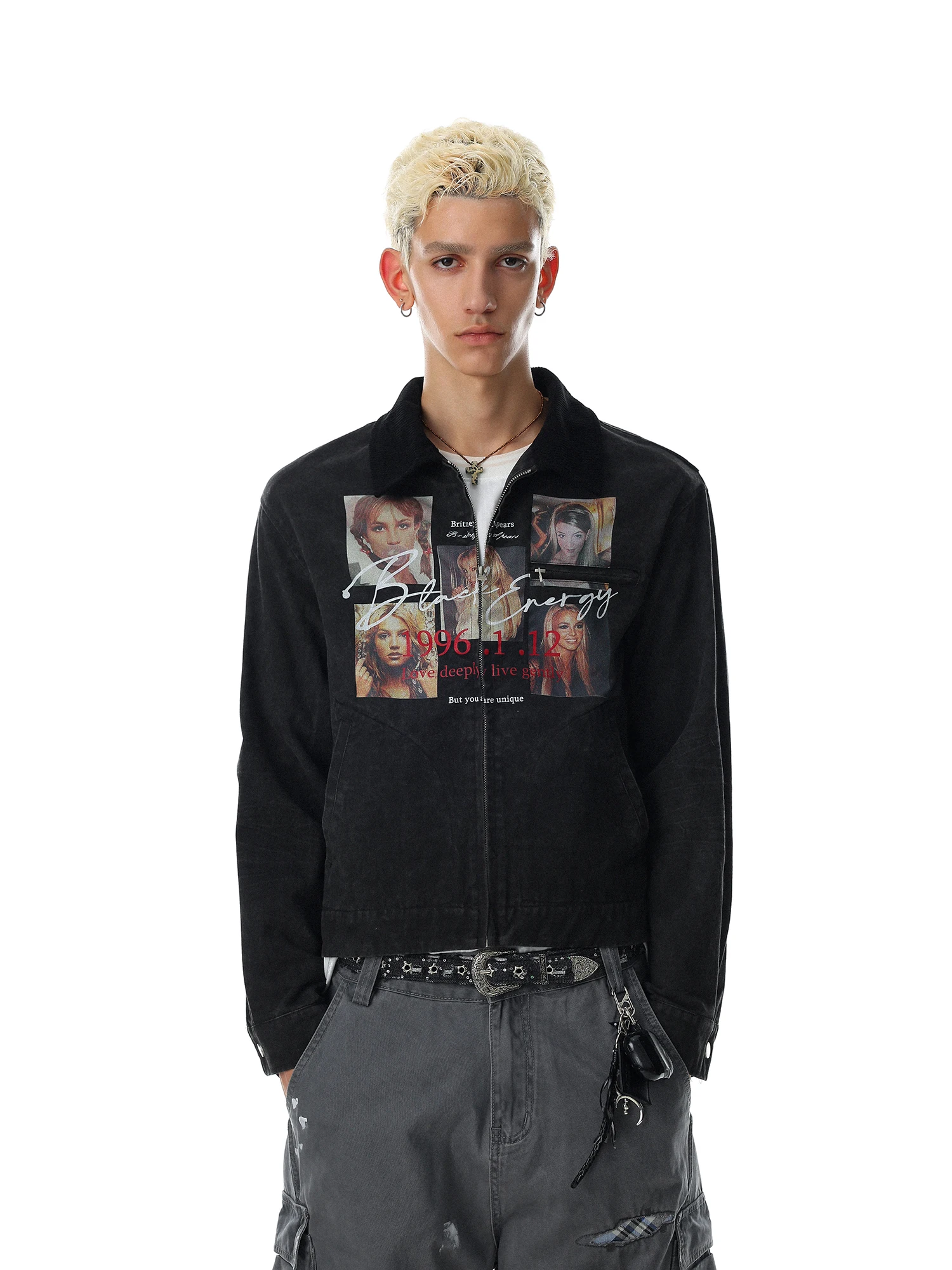 Retro American Style Printed Jacket Men's Zipper Collar Patchwork Worn-look Workwear Short Coat Durable Cotton Long Sleeve