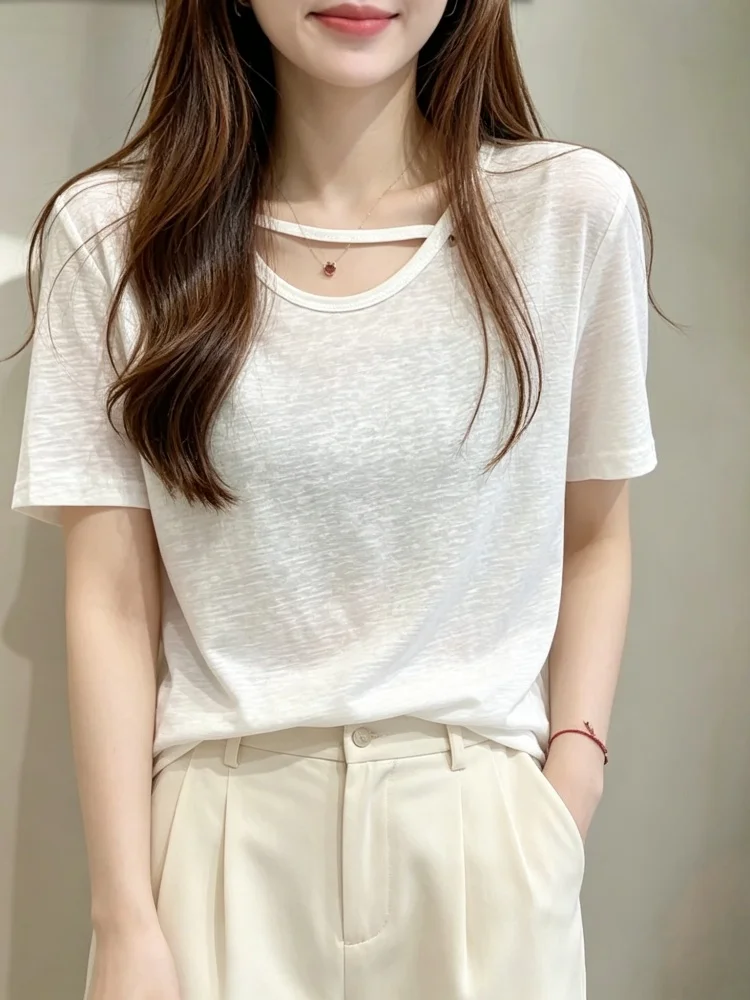 Korean Style Loose Short Sleeve U-Neck T-Shirt Women's Summer New Hollow out Diagonal Bar Collar Thin Thinming Slimming Top