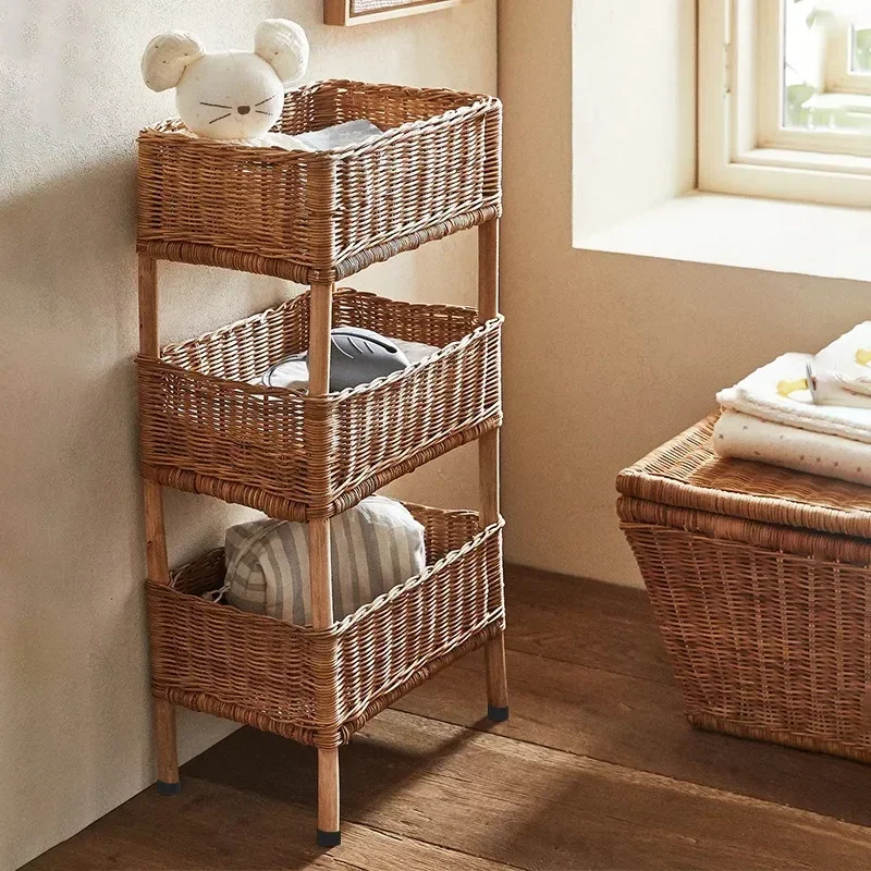 Homestay decorative sundries rack hand-woven solid wood multi-layer storage basket