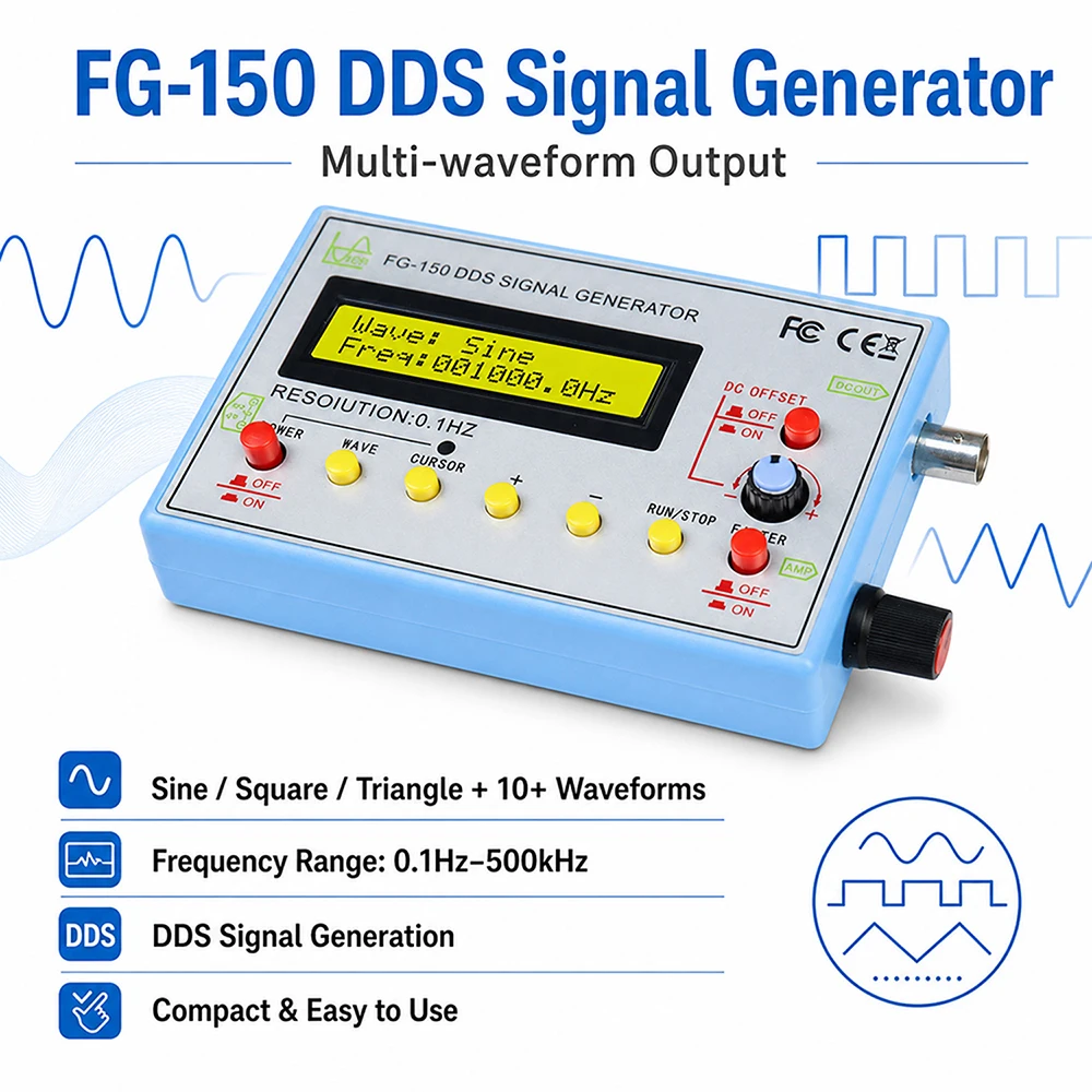 FG-150 DDS Function Signal Generator Frequency Counter 0.01-500KHz Signal Source Module 15 Waveforms 1-99% Adjustable Duty Cycle