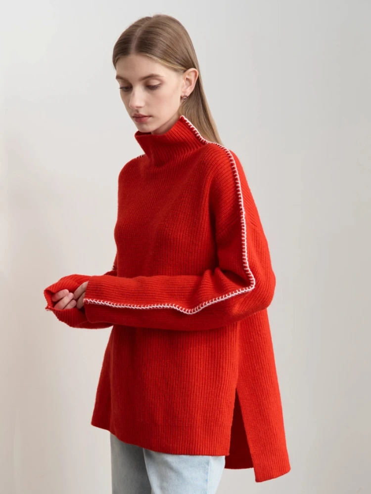 

Amii водолазка женский свитер 2025 зима новый рождественский пуловер с вышивкой и длинными рукавами свободный вязаный топ 12444227