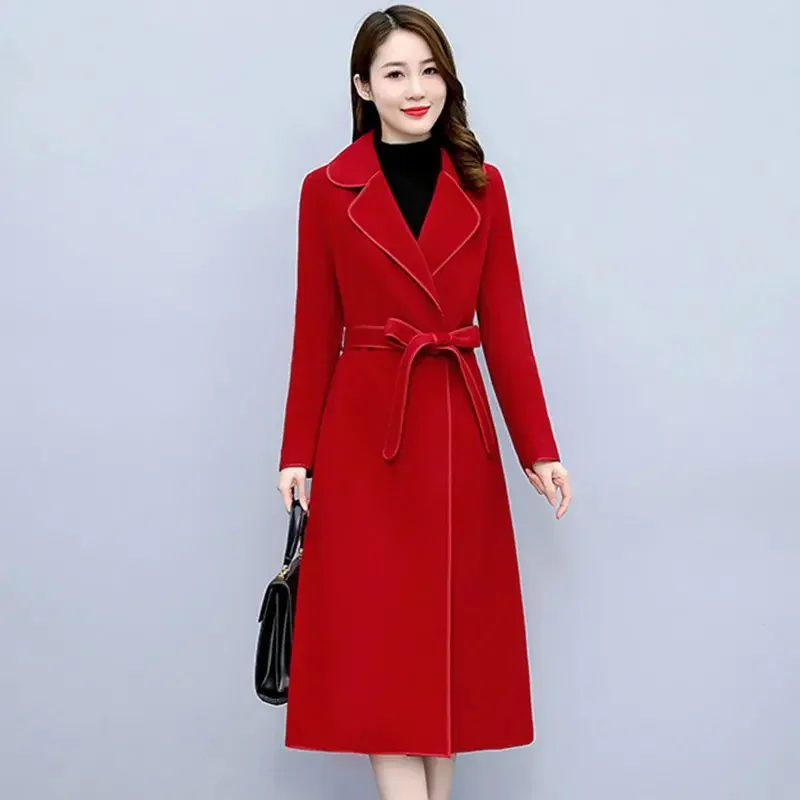 

Women Wool Coat Long Trench Coat Reversible Wool Belt Slim Korean Chic Luxury Brand Jacket Robe Women's Clothing New