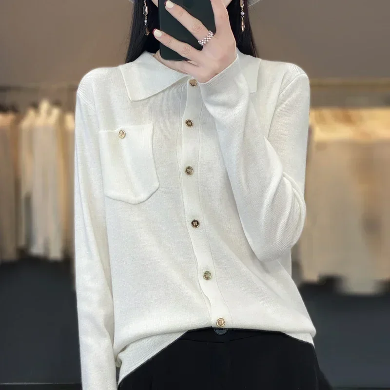 Sweater Cardigan Women POLO Collar Knitted Cardigan Sweater Shirt Sweater Tops Women 2024long Sleeve Sweaters Woman Trend2024