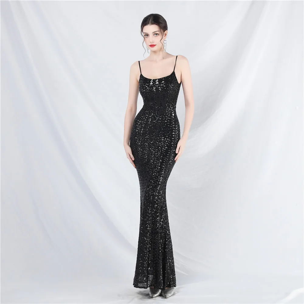 2024 Women's Sequin Spaghetti Strap Backless Maxi Dress Sexy Slim Banquet Wedding Party Prom Evening Gown Elegant Mermaid Dress