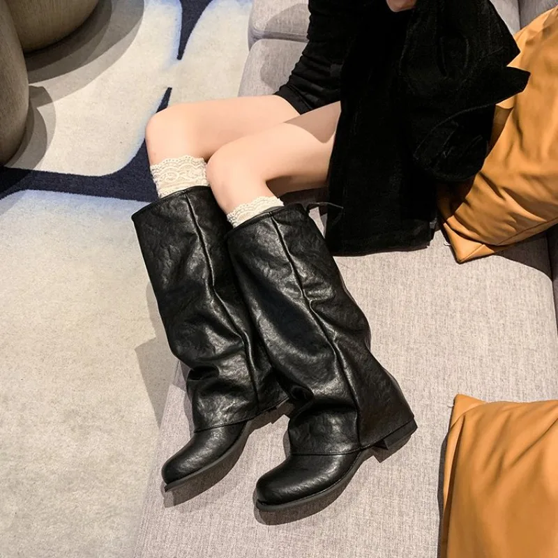 Square Toe, Thick Heel, Long Knee High Boots, Women's Large Leg, Pleated Pile, Pants, Long Boots, High Leg, Knight Boots Women