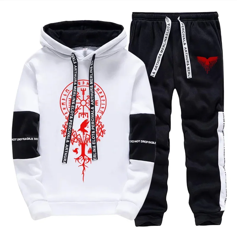2025 Trendy Mens Tracksuit Hooded Sweatpants Ancient Raven Print Autumn Winter Casual Sportswear Jogging Outfit Clothes for Man