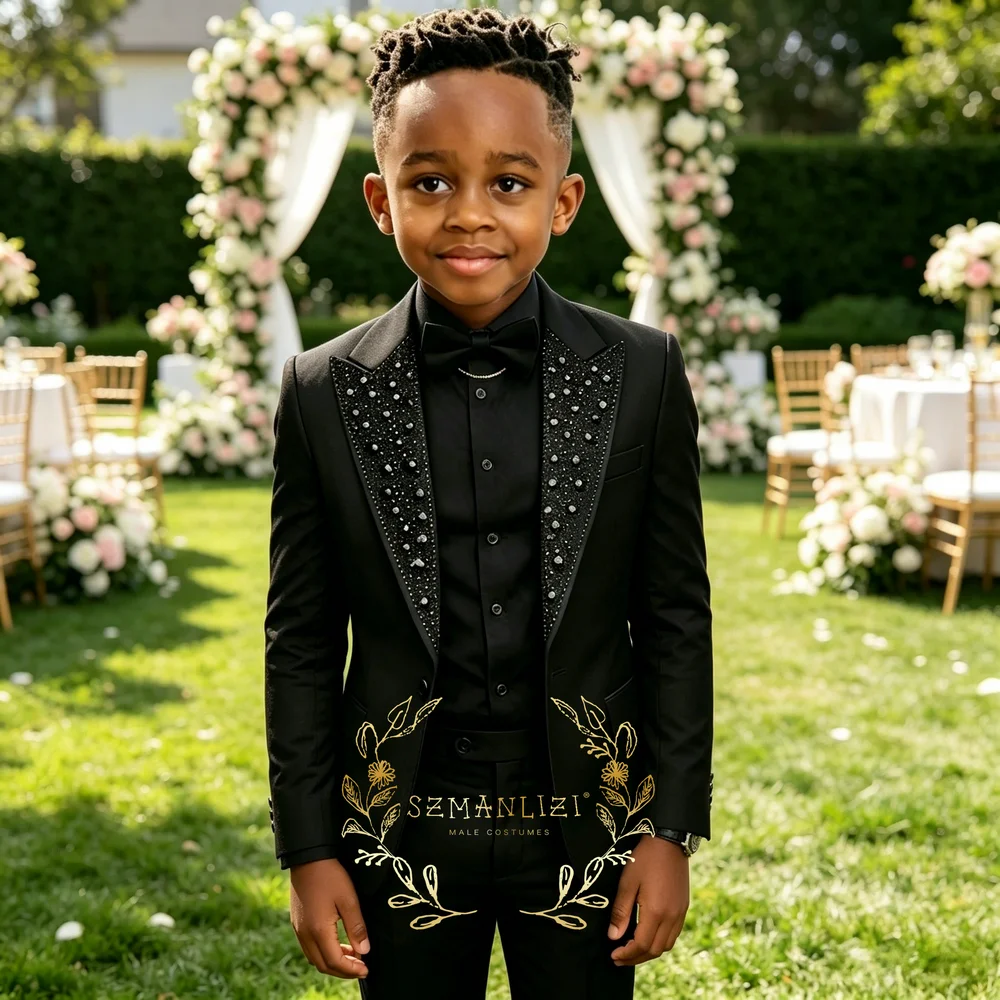 2026 Crystal Beading Black Boys Suits Costume Formal Wedding Tuxedos For Child Flower Boys 2 Pieces Kids Party Blazer Sets