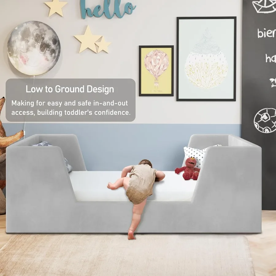 Toddler Bed Frame with Guard Rails for Ages 2-6 Certified Fabric Floor Bed in Soft Gray Safe and Space-Saving Design