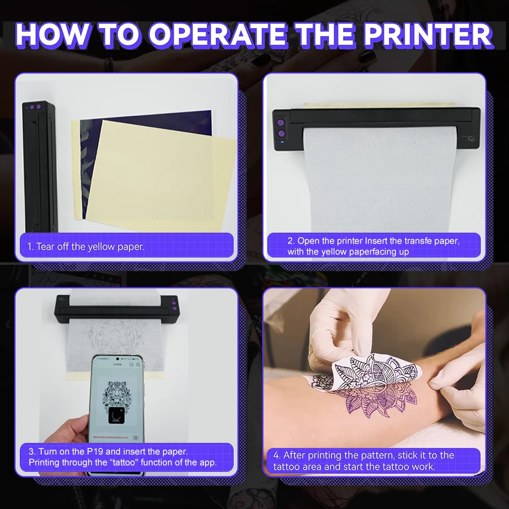 طابعة قوالب الوشم اللاسلكية P19 أو ورق نقل 20/100 قطعة - أداة نقل عالية الدقة بنمط الطابعة الحرارية A4 المحمولة