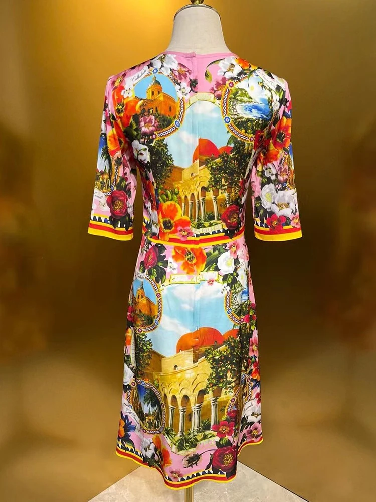 Seasixiang Women\'s O-Neck Short Sleeves Floral Print Vintage Silk Dresses Fashion Designer Summer