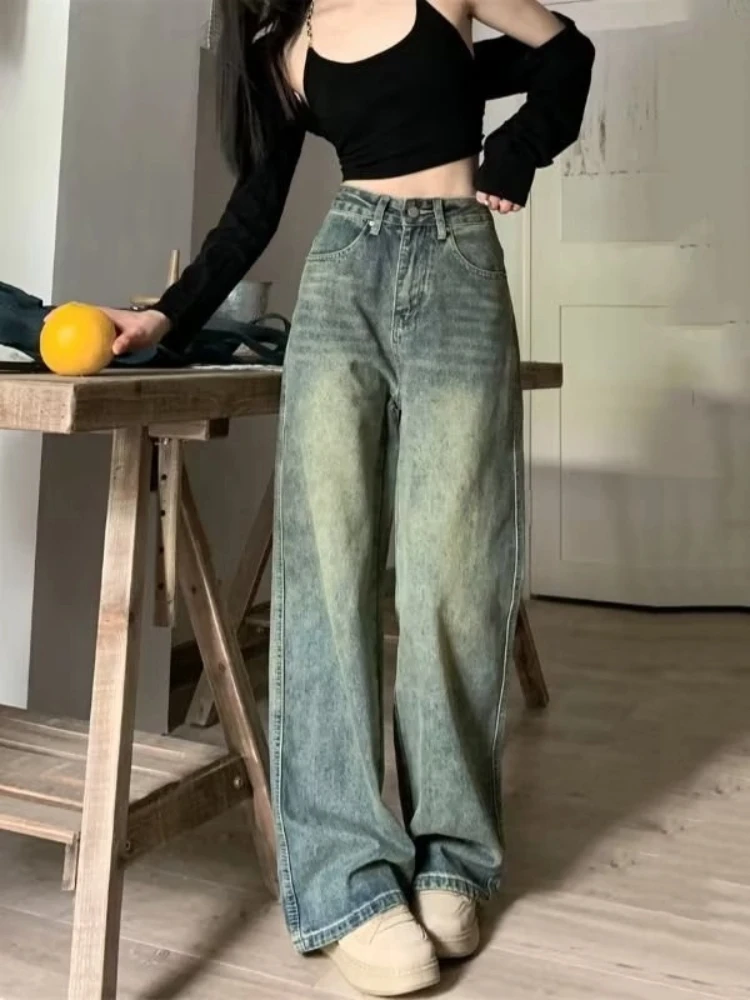 

American Retro Washing and Old Trousers Jeans Summer High Waist Slimming Wide-leg Pants Straight Pants Floor-moving Pants Women