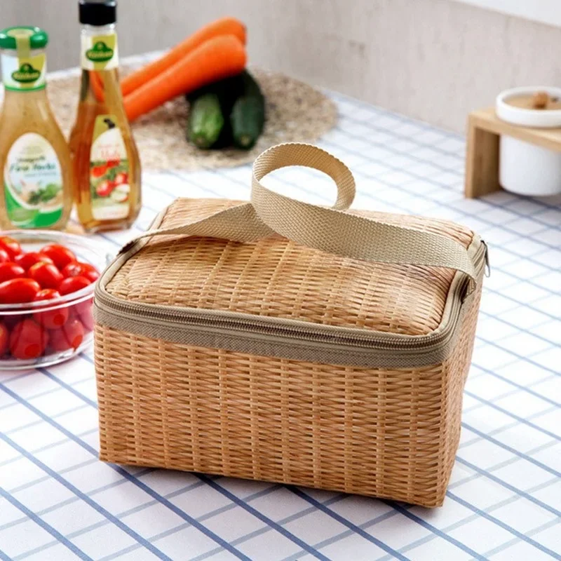 PortableI mitation rattan  Outdoor Picnic Bag Waterproof Tableware Insulated Thermal Cooler Food bag for Camping Picnic