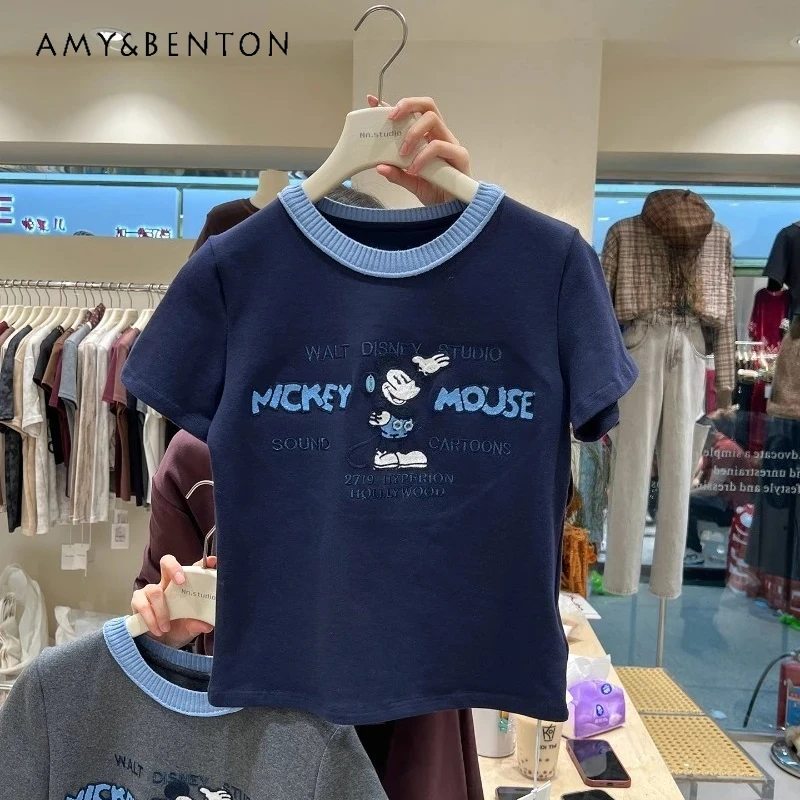 

Матовые футболки Y2k, популярный дизайн, короткая футболка, женская футболка с мультяшной вышивкой, милый облегающий пуловер с короткими рукавами, топ, футболки Y2k