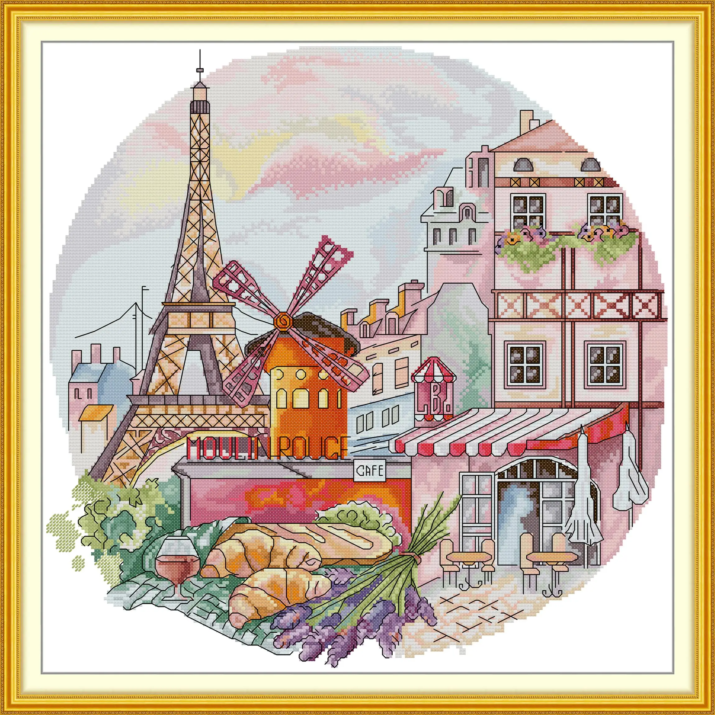 

Maydear Full Cross Stitch Kit, 11CT/14CT/16CT/9CT Aida Fabric,DMC Threads Sewing Pattern Embroidery Set-French Flavor