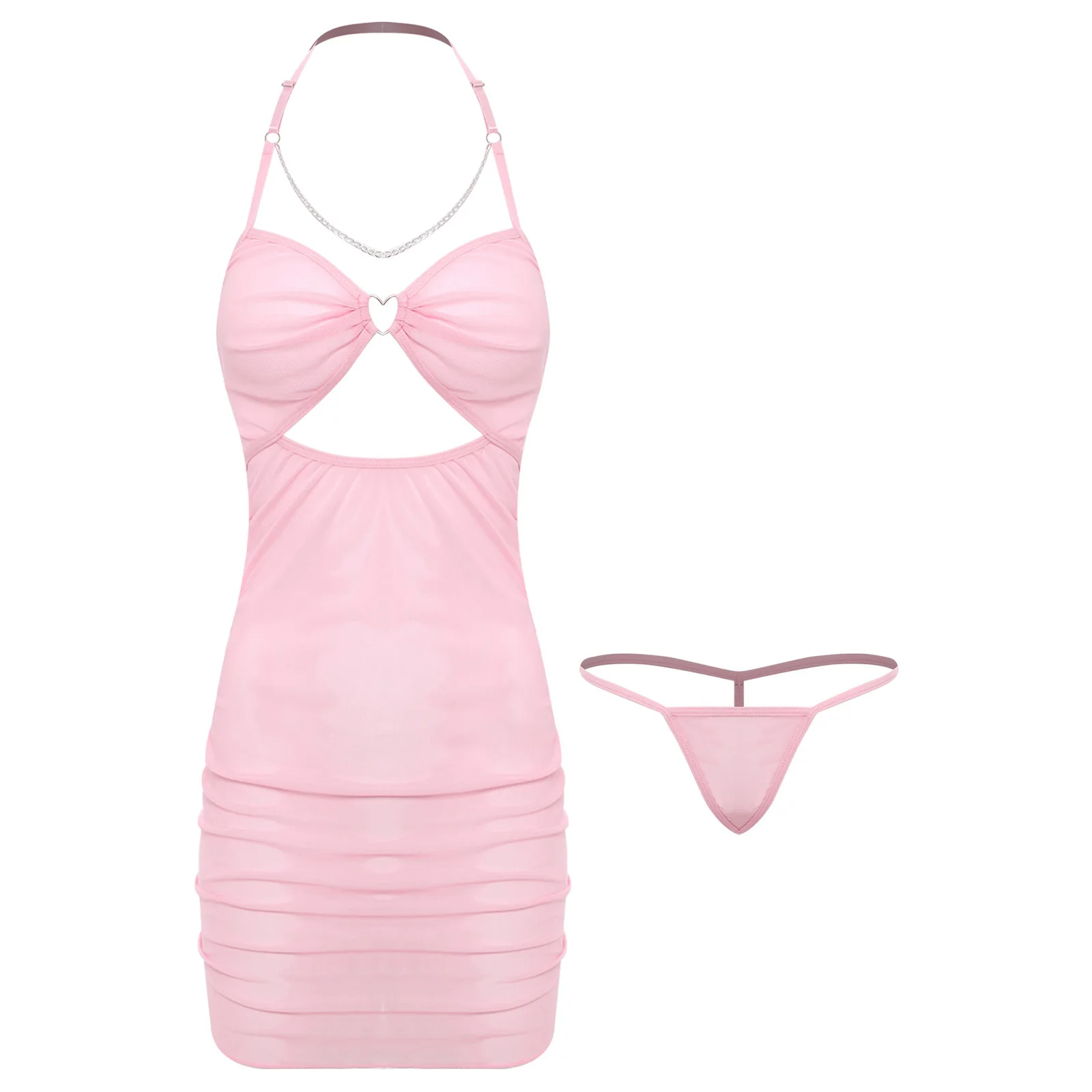 Dames pure mesh mini-jurk met T-back string hartvormige ring halter backless cover-up jurk en slips badpak strandkleding