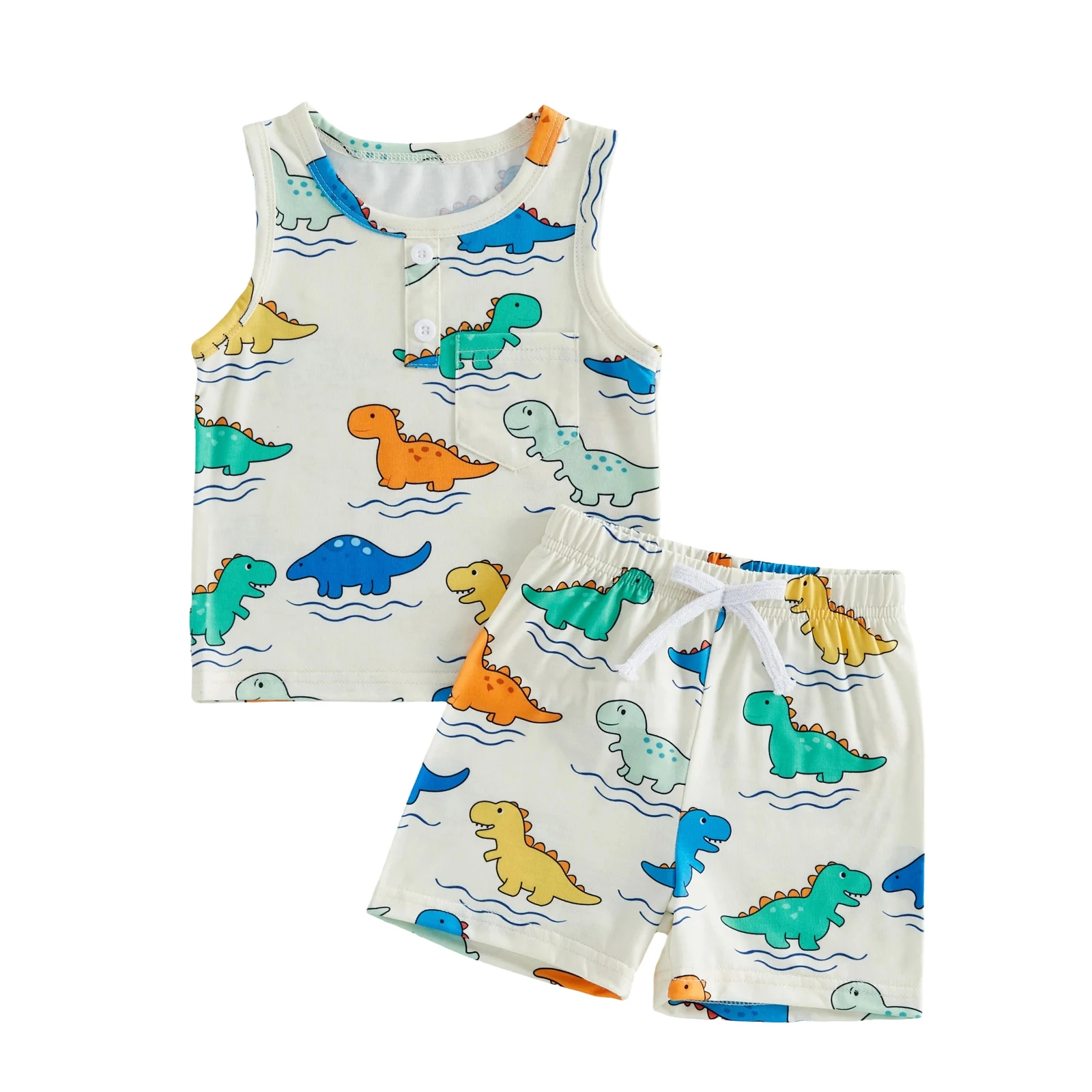 Toddler Baby Boy Summer Outfit Casual Coconut Tree/Dinosaur/Duck Print Crew Neck Sleeveless Tops and Shorts 2 Pcs Set