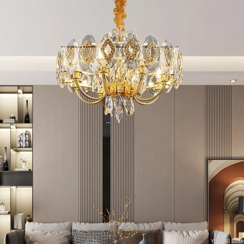 GHJUYIOL Light luxury style round crystal chandelier, living room lamp, Hong Kong-style modern simple villa model bedroom lamp