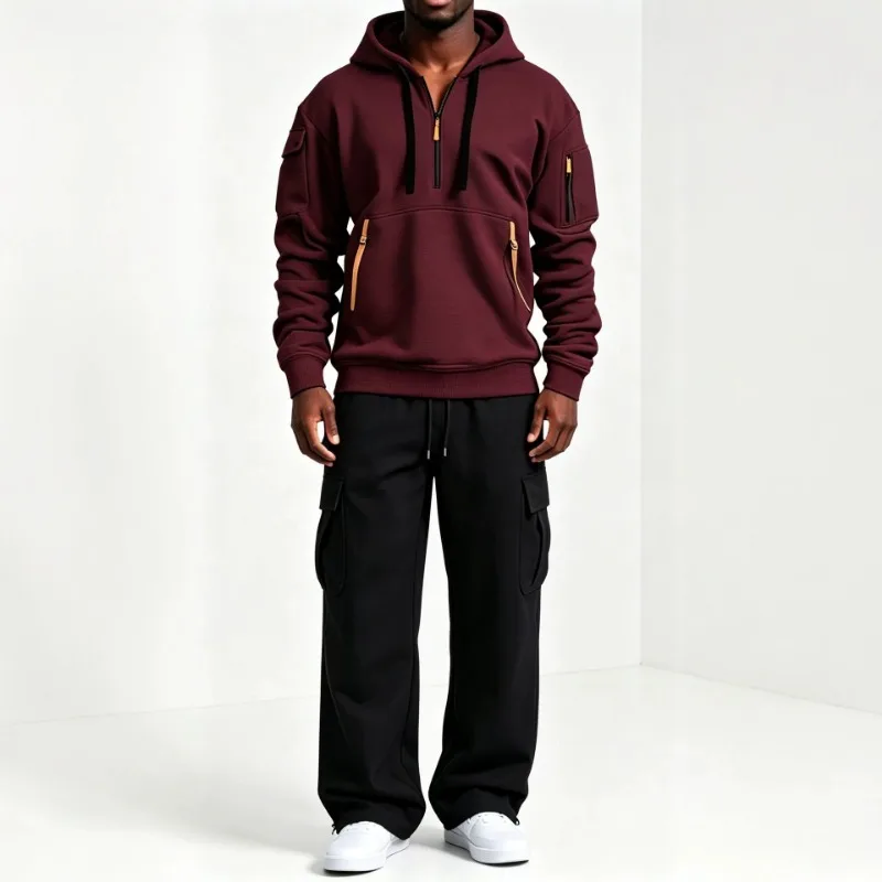 Men Hoodie Sweatshirt Set Half Zip Multi Pocket Hooded Top And Cargo Pants Two Piece Set gallery 2