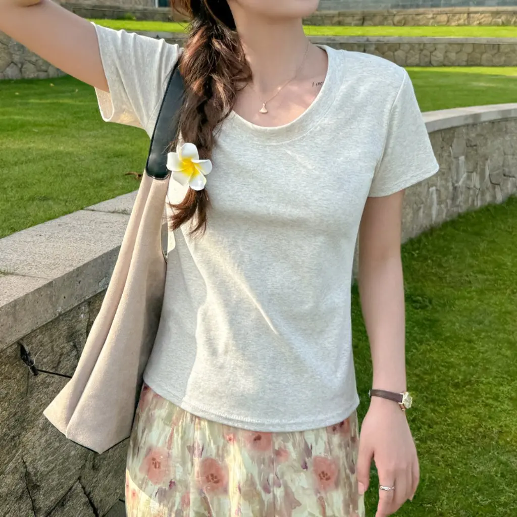 

Women's Pure Cotton Short-Sleeved T-Shirt round Collar Slim-Fit Base Shirt Top for Spring And Summer All-Match Casual Fashion