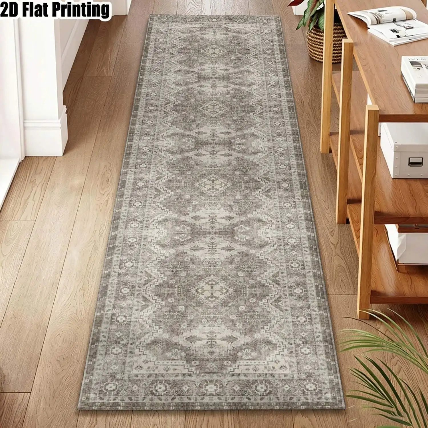 1Pc 2D Printed Beige Geometric Strip Track Carpet Nordic/Modern Minimalist/Vintage/European Style, Home Decor, Multi-Size, Machine Washable, for Entrance, Hallway, Living Room, Bedroom.