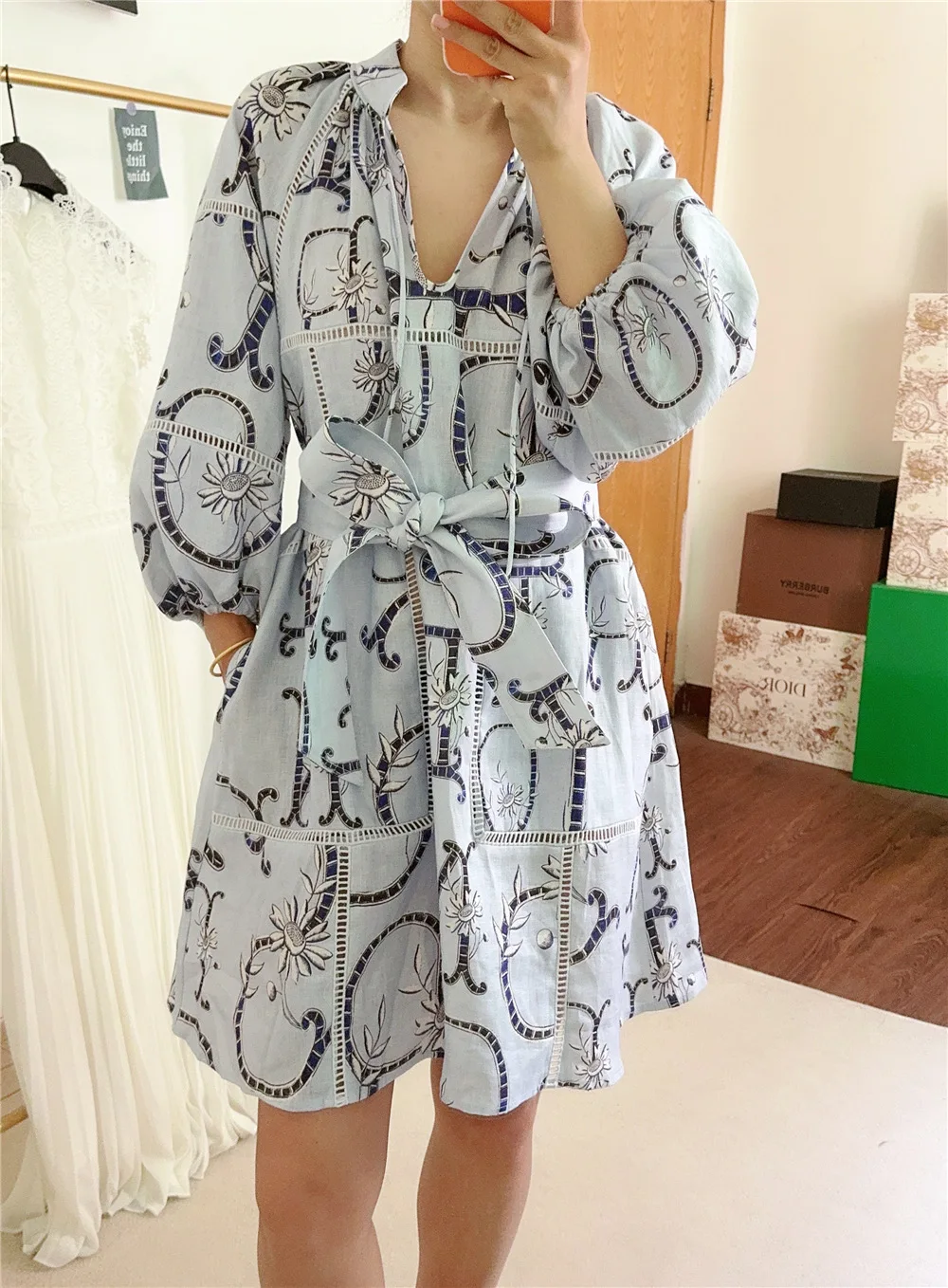 Women Linen Printed V-Neck Loose Wrist Sleeve Waist Lace-up Hollow Out Stitching Mini Dress