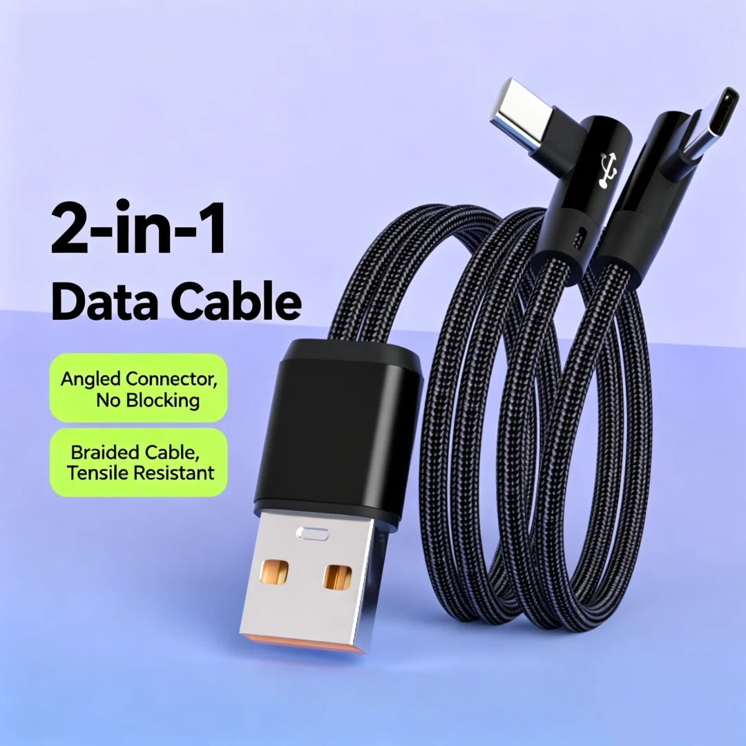 Dual L Shape Elbow 2 in 1 Type C Charging Cable Nylon Braided Gaming Multi Device Fast Charge Wire 1.2m，Micro USB 0.3m Cable