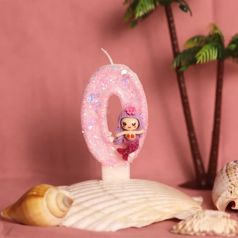 Pink number candles - Purple-haired mermaid princess birthday candle, holiday and commemorative candle