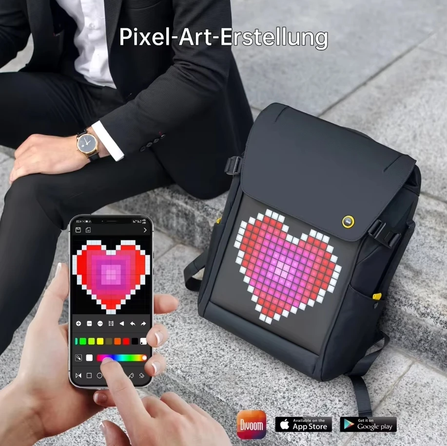 M Pixel Backpack 15 Inch Waterproof School Backpack Laptop Bag Women'Daypack with 16 × 16 RGB LED Screen Travel Black