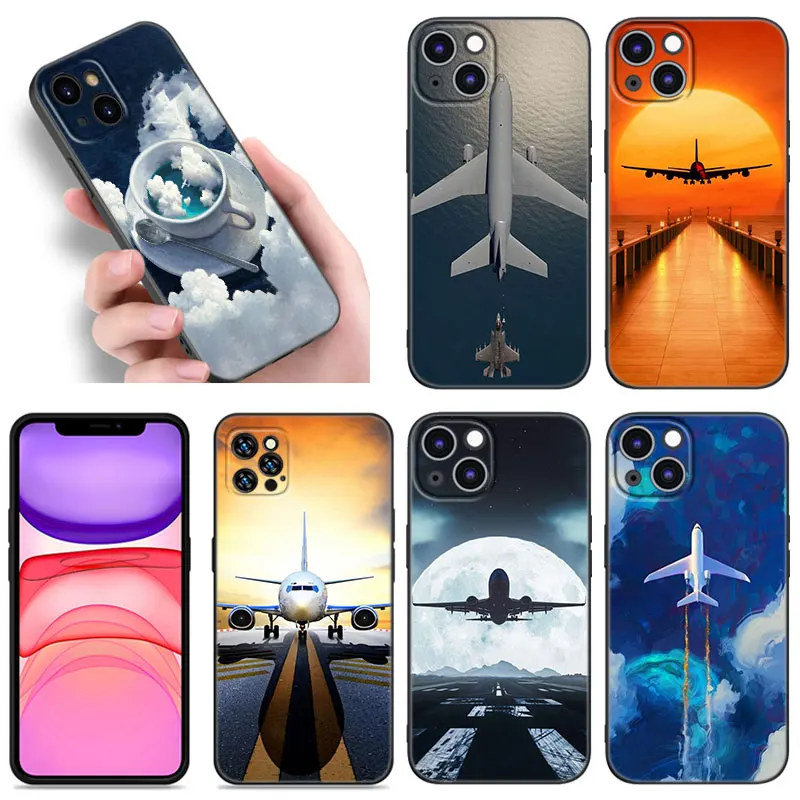 Travel Airplane Black Silicone Phone Case For Apple iPhone 12 13 Mini 11 14 15 16 Pro Max 7 8 Plus