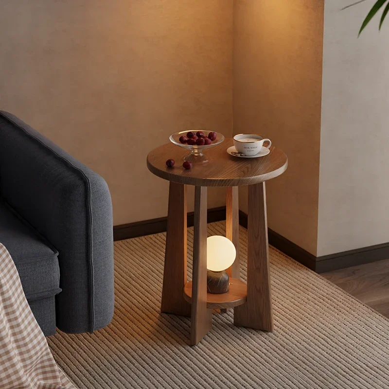 

Rubberwood Movable Coffee Table Double-Layer Side Desk Anti-Tilt Thickened Small Round Table Bedroom Tea Stand