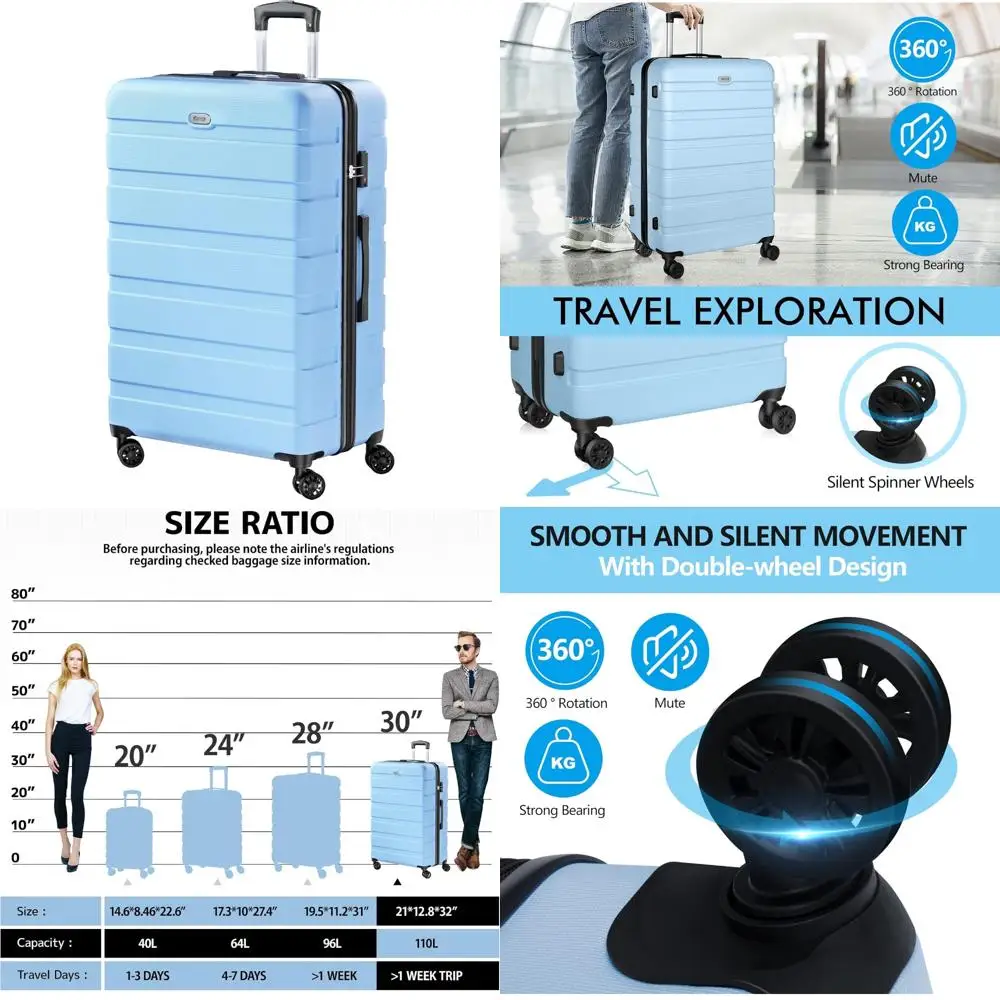 

Легкий чемодан из твердой древесины из АБС-пластика, 30 дюймов, 4 универсальными колесами, замок TSA, большая вместимость, голубой дорожный чемодан