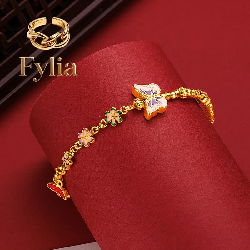 

Fylia Jewelry Fylia Jewelry 9999 24K genuine gold design with a fiery blue butterfly flower, light luxury and sparkling bounc