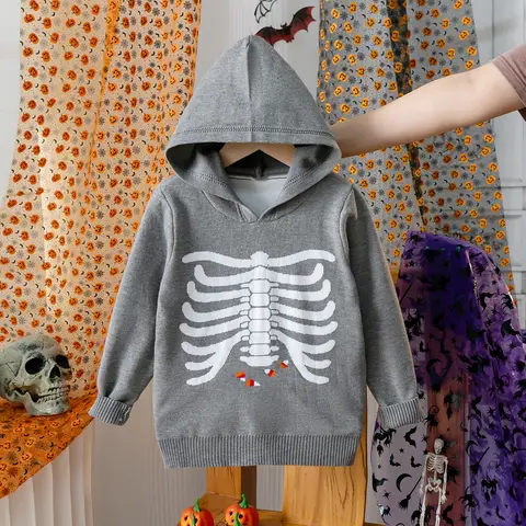 Boys and girls Halloween skeleton pattern hooded long sleeved sweater pullover suitable for daily casual Halloween parties