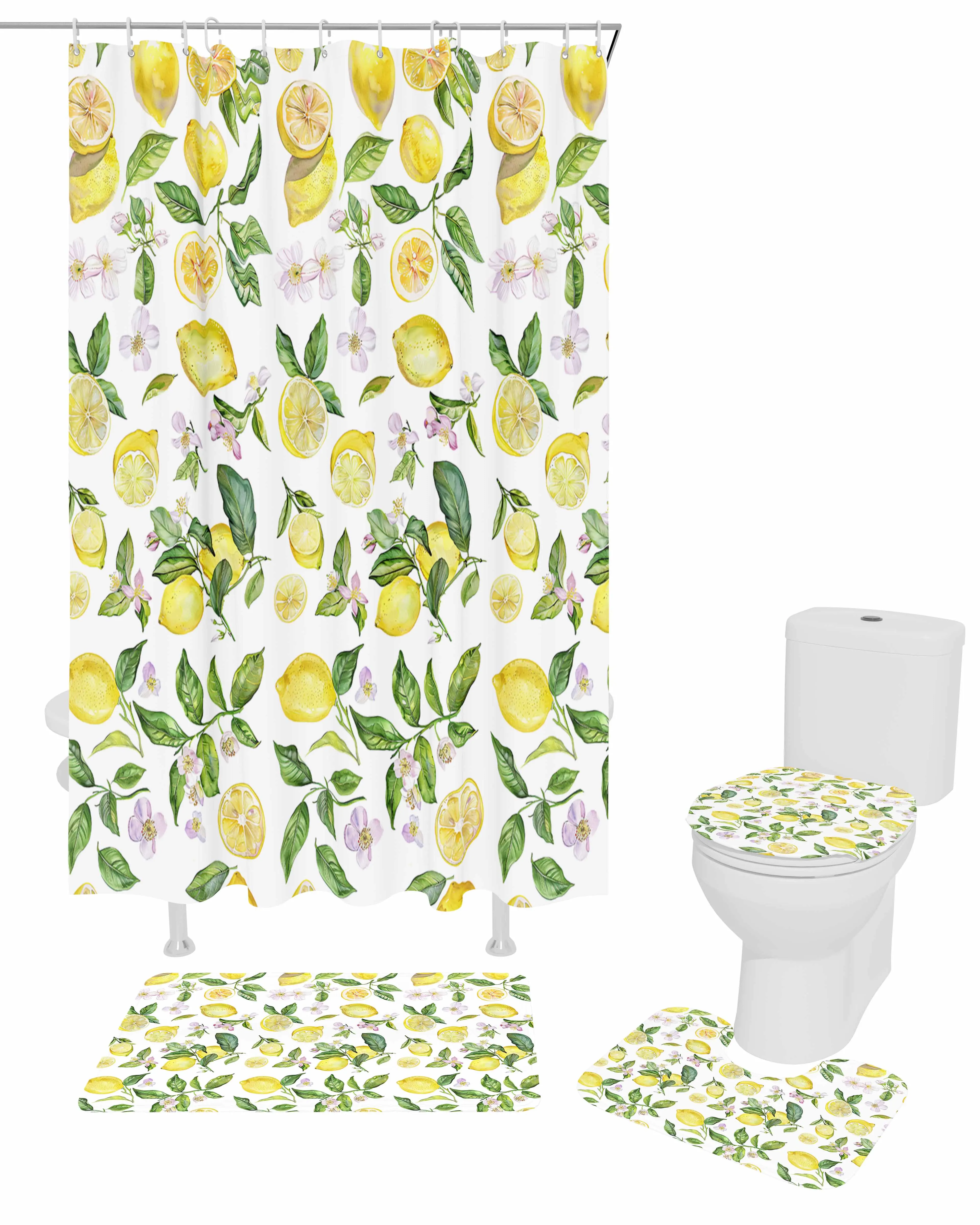 

Винтажная занавеска для душа с фруктами, лимоном и цветами, набор нескользящих ковриков, коврик для ванной, крышка для туалета, водонепроницаемая занавеска для ванной комнаты