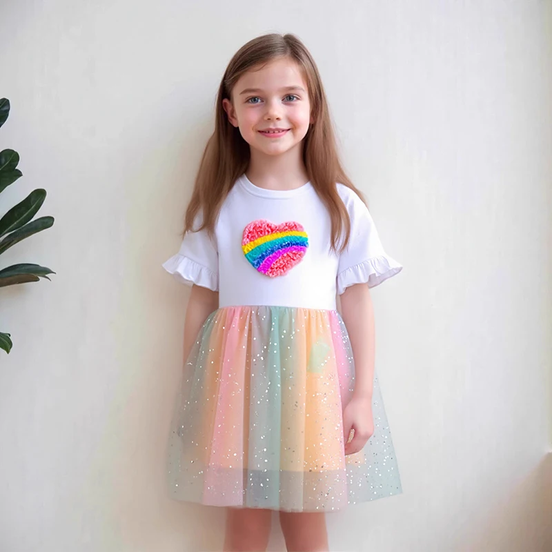 Little Maven Weihnachten Kinder Prinzessin Kleidung Baby Mädchen Kinderkleidung Sommer Regenbogen Herzen Applikation Mädchen Mesh Kleider