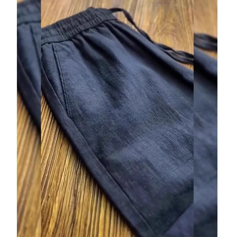 

l Flax Elastic Waist Casual Pants Men Women Summer Cotton Linen Straight Leg Loose Fit Faion Urban Sle High Waist