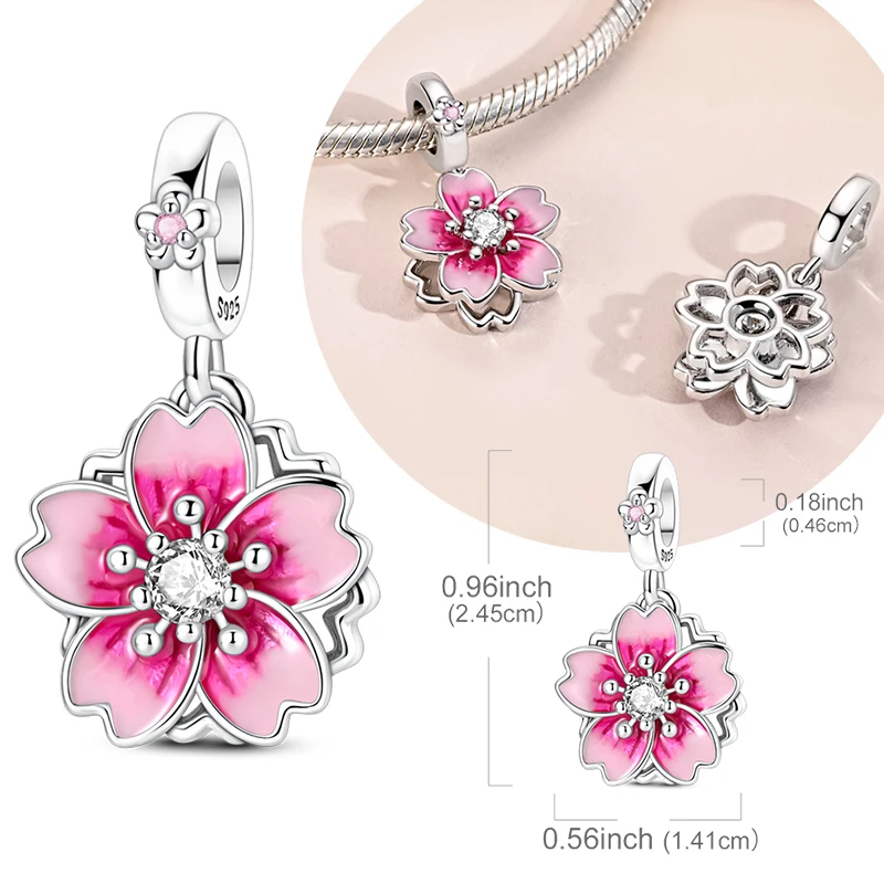 Original 925 Sterling Silver Charms Double Layered Rotating Cherry Blossom Pendant Fit Original Bracelet For Women DIY Jewelry