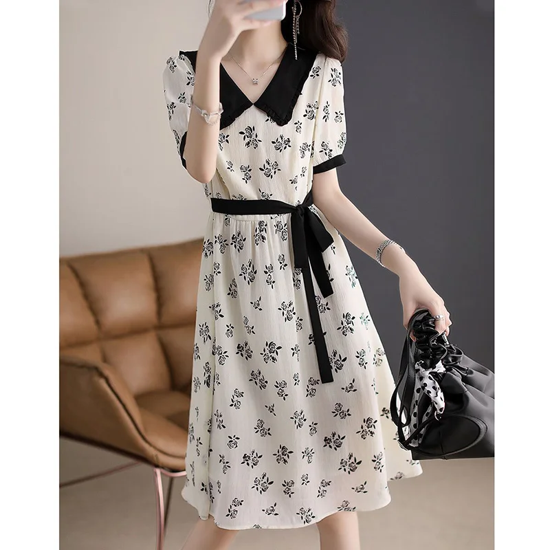 

Elegant Peter Pan Collar Loose Printed Bandage Bow Midi Dress Women's Clothing 2023 Summer New Loose Office Lady Long Dress