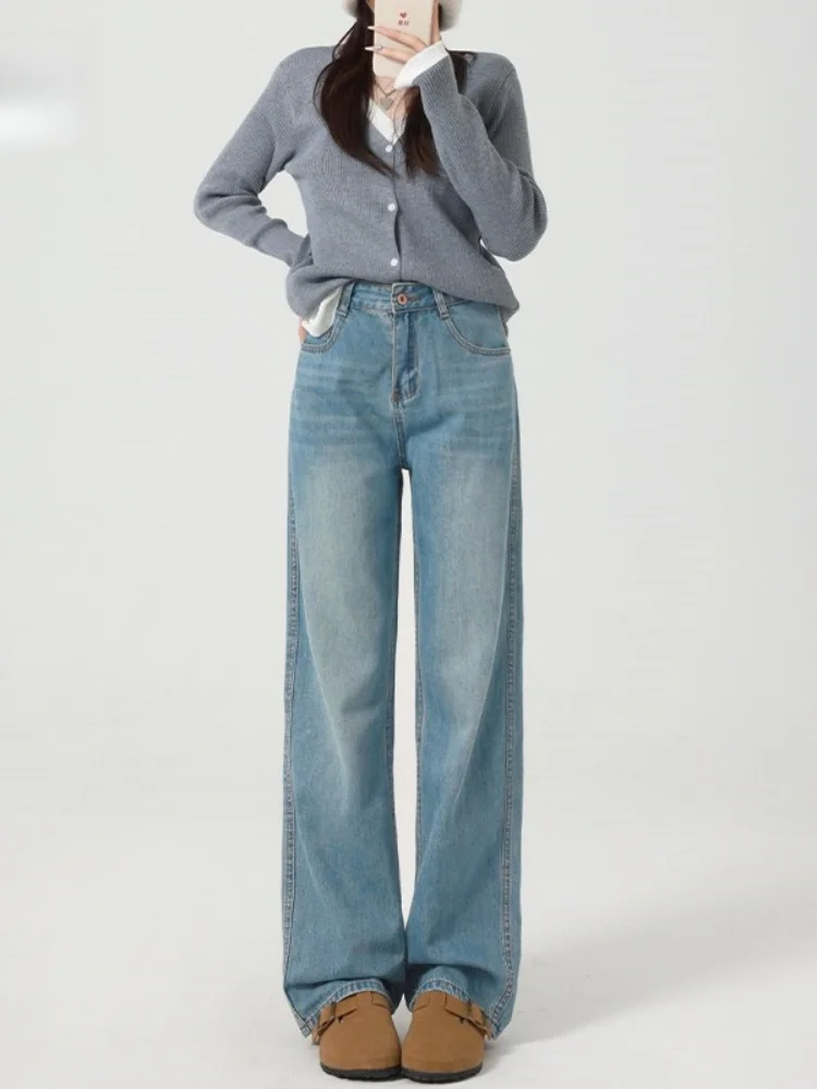 Pantalones vaqueros de pierna ancha ajustados con forro de Fce de cintura alta para mujer Otoño Invierno nuevos pantalones de tubo rectos largos sueltos de talla grande