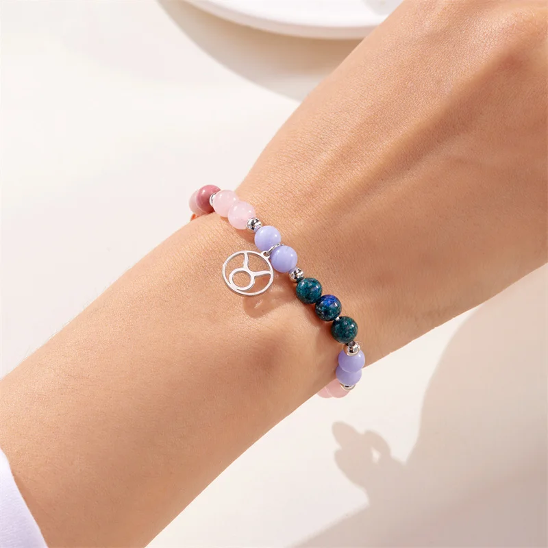 Minimalistische Bunte Naturstein-Perlenarmbänder für Damen und Herren, Modische Handgefertigte 12 Sternzeichen-Armbänder, Schmuck – Detail 10