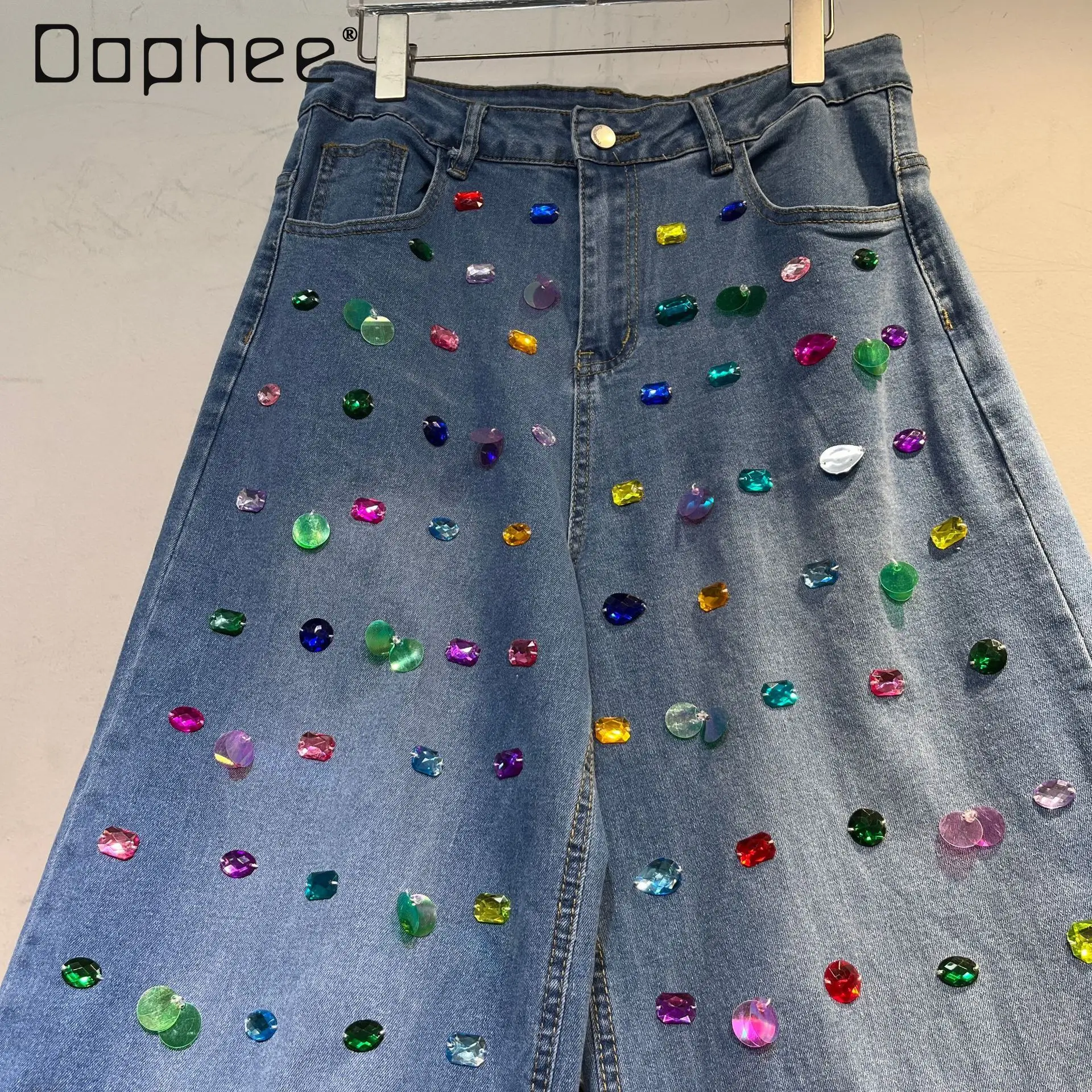 

2025 Autumn New Colorful Rhinestone Beaded Wide-Leg Jeans Women Street High-Waisted Slim Cuffed Fashion Loose Cargo Pants Women