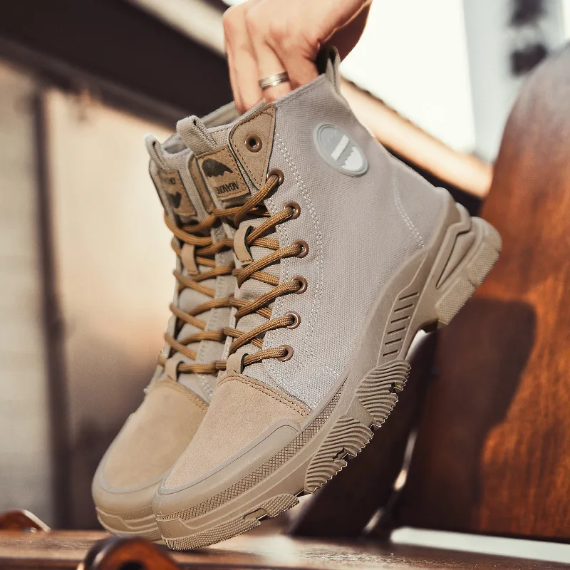 

Лидер продаж, парусиновые ботильоны, мужская нескользящая удобная рабочая обувь для мужчин, мужские уличные ботинки на платформе со шнуровкой, botas para hombre