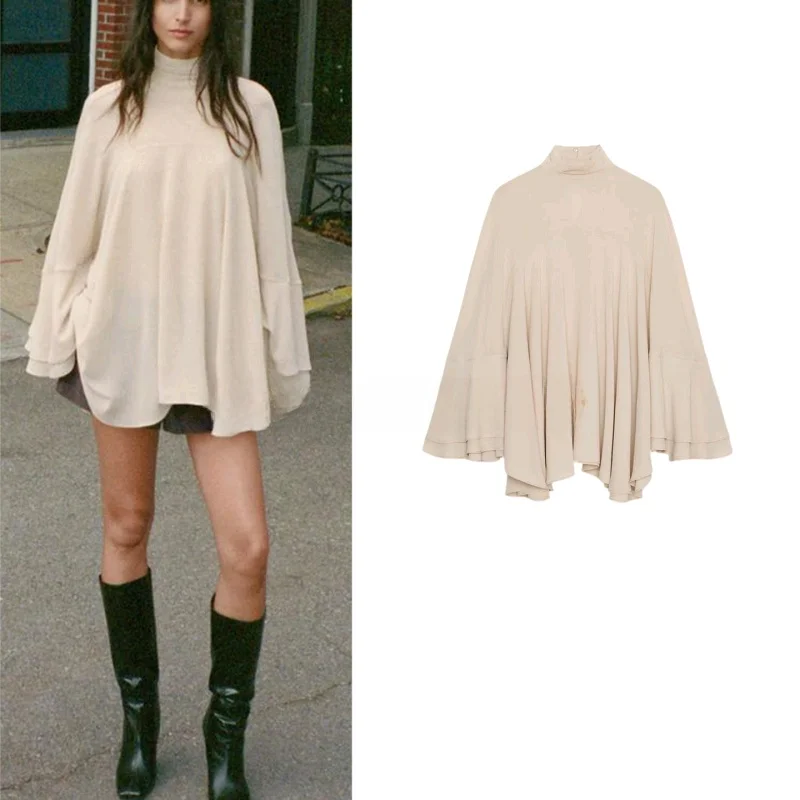 

Осень-зима, новый женский длинный воротник-стойка све, асимметричный подол, Жоржет, многослойный топ с украшением, свободный крой, повседневный крой